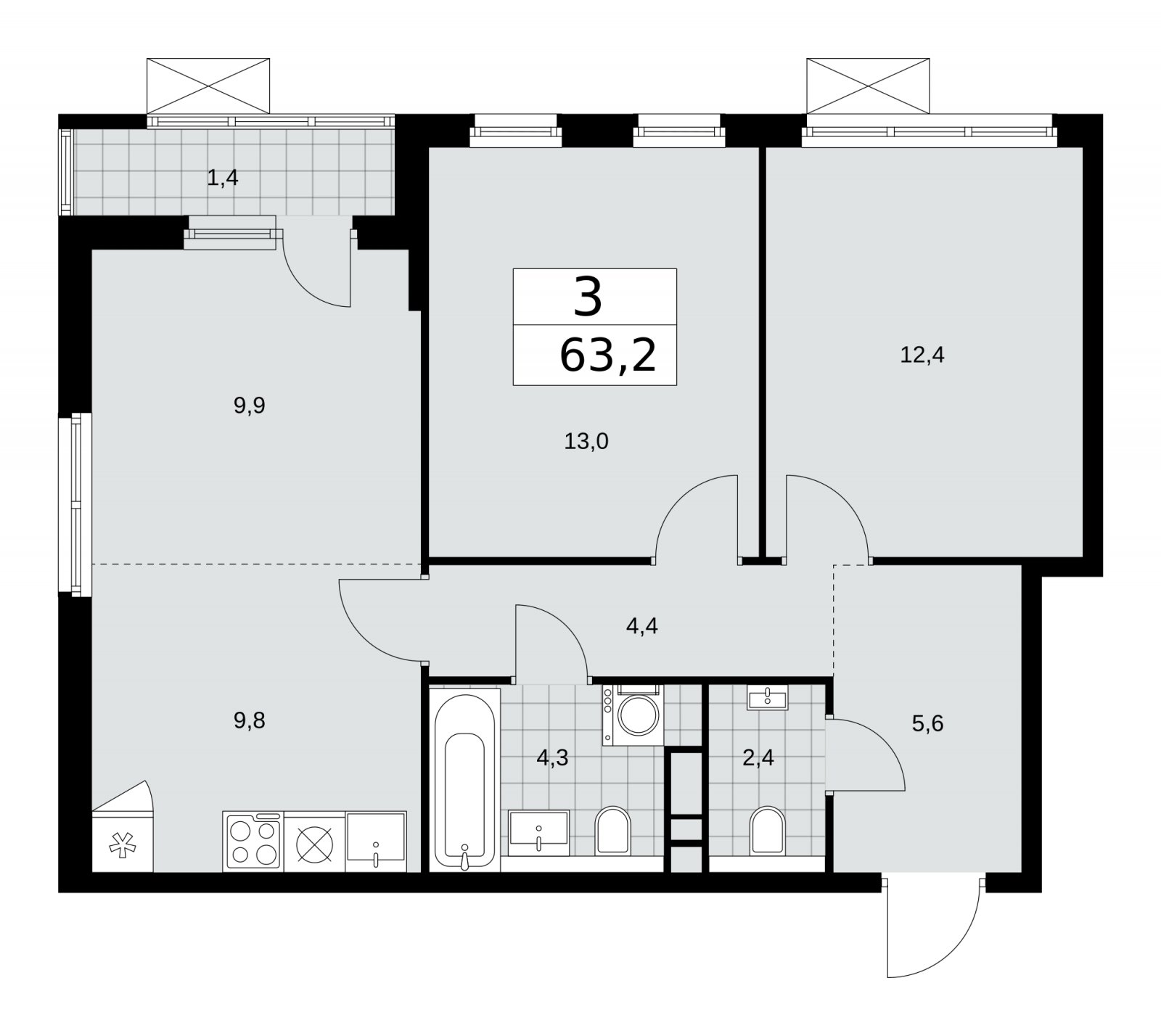 3-комнатная квартира (евро) без отделки, 63.2 м2, 4 этаж, сдача 1 квартал 2026 г., ЖК Прокшино, корпус 11.2.1 - объявление 2269775 - фото №1