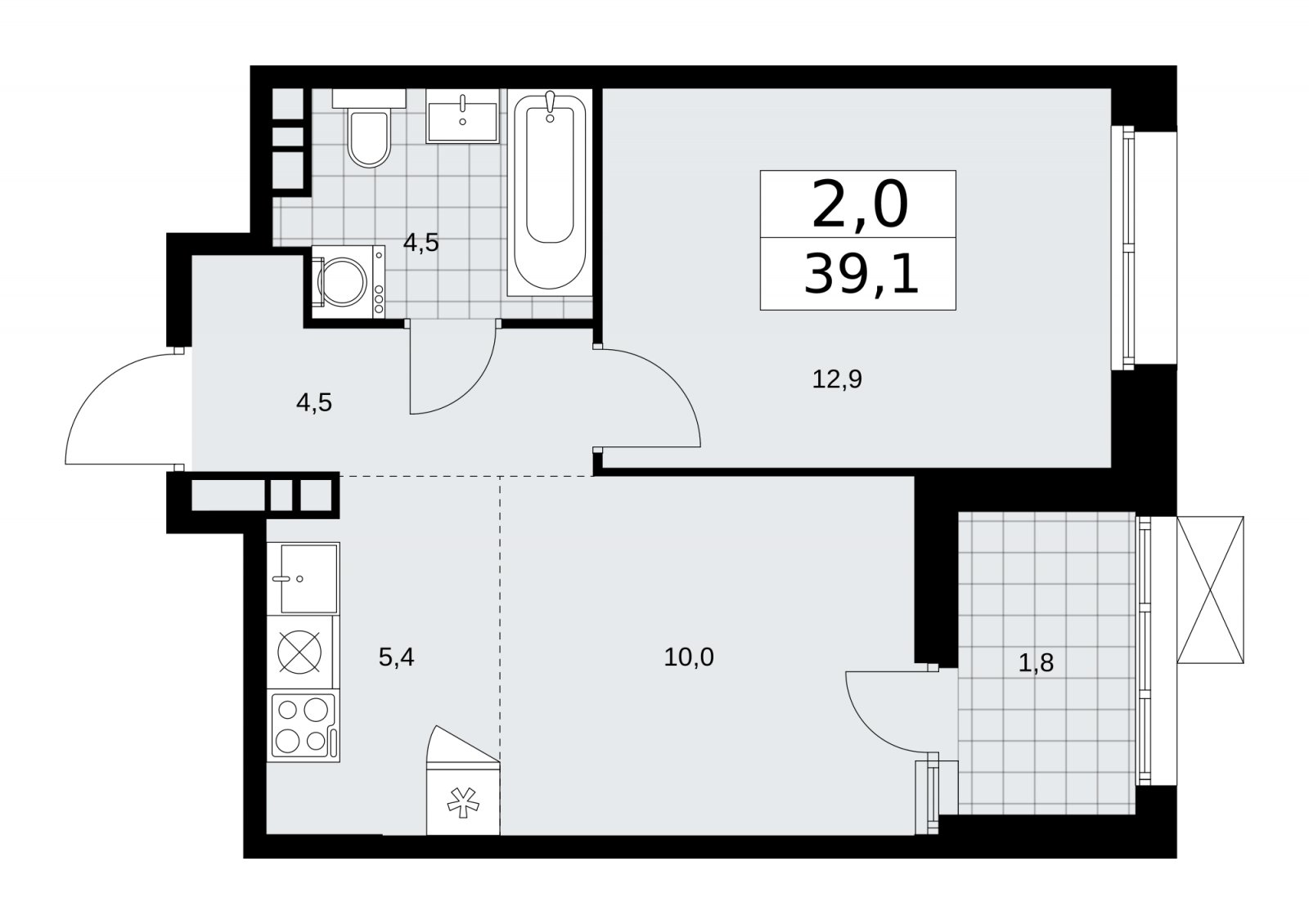 2-комнатная квартира (евро) с частичной отделкой, 39.1 м2, 12 этаж, сдача 1 квартал 2026 г., ЖК Бунинские кварталы, корпус 6.1 - объявление 2252446 - фото №1