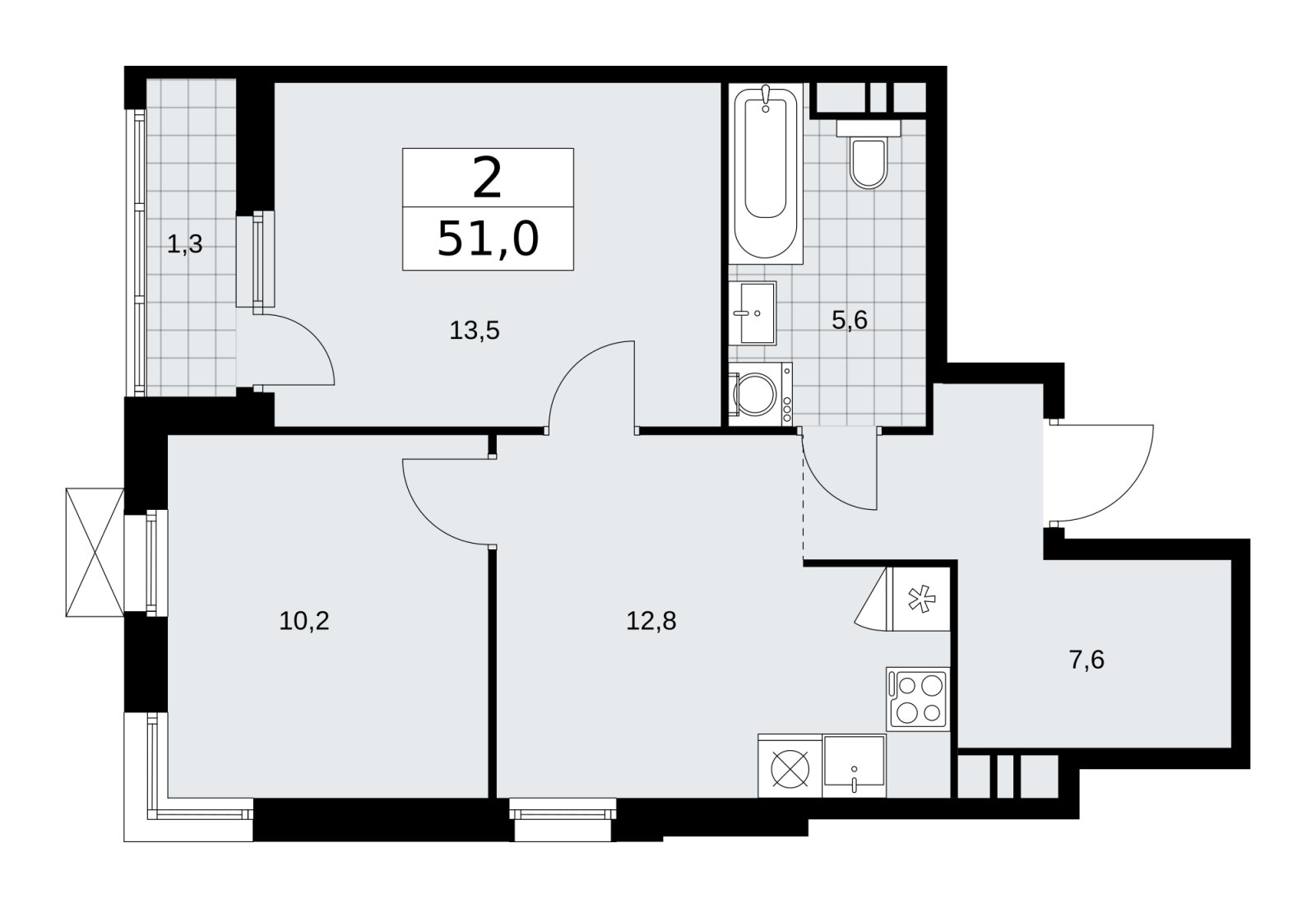 2-комнатная квартира без отделки, 51 м2, 13 этаж, сдача 1 квартал 2026 г., ЖК Скандинавия, корпус 37.2.2 - объявление 2254572 - фото №1