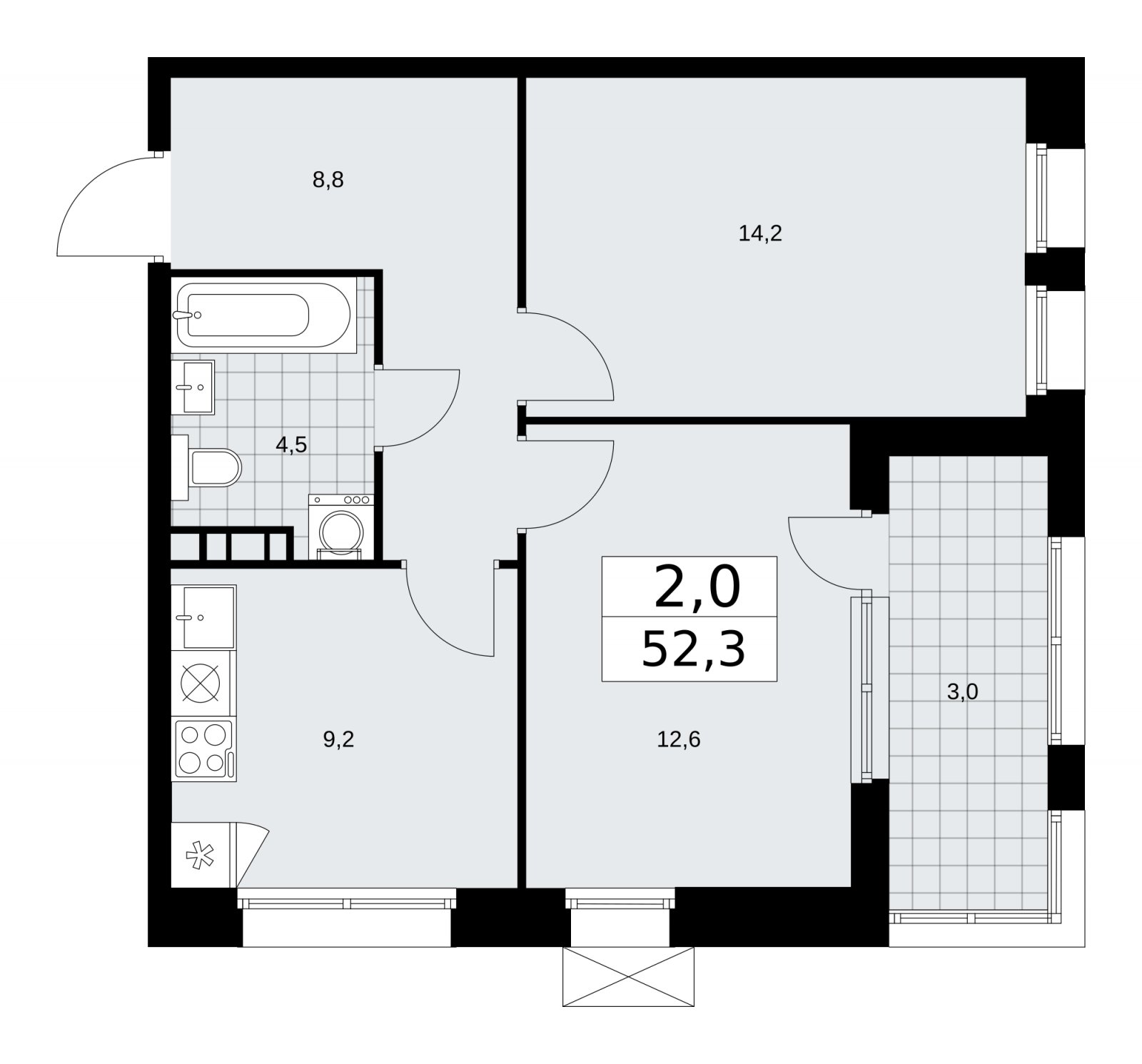 2-комнатная квартира без отделки, 52.3 м2, 7 этаж, сдача 4 квартал 2025 г., ЖК Бунинские кварталы, корпус 6.5 - объявление 2252792 - фото №1
