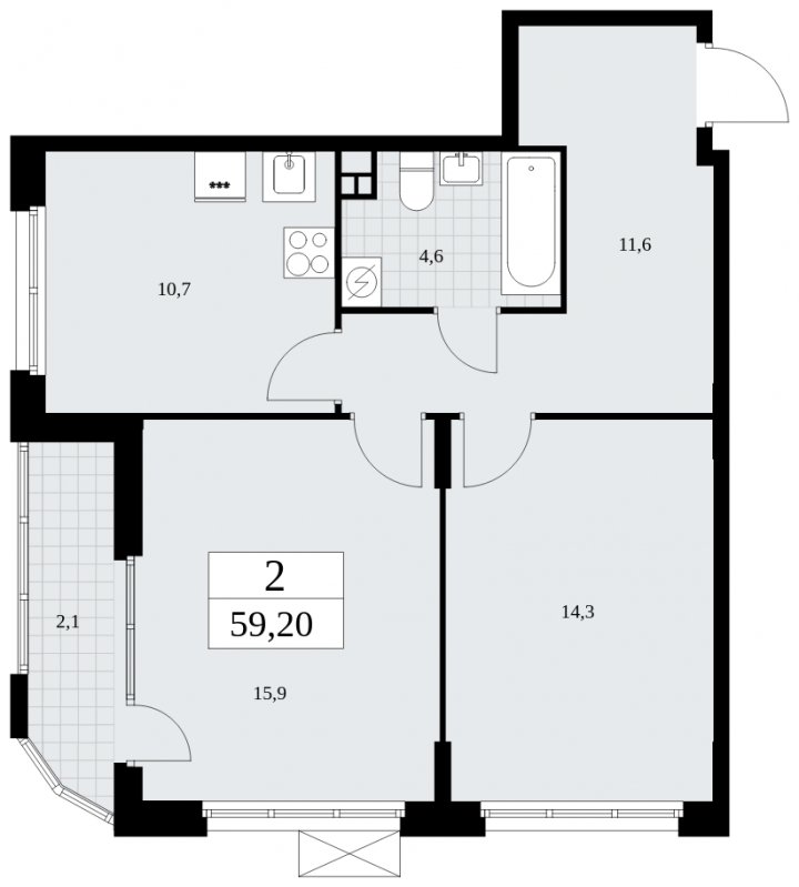 2-комнатная квартира без отделки, 59.2 м2, 3 этаж, сдача 4 квартал 2024 г., ЖК Бунинские кварталы, корпус 2.5 - объявление 1882675 - фото №1