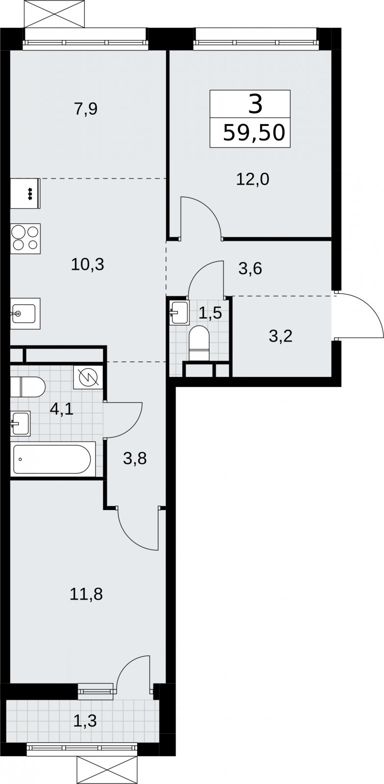 3-комнатная квартира (евро) без отделки, 59.5 м2, 3 этаж, сдача 3 квартал 2026 г., ЖК Родные кварталы, корпус 2 - объявление 2295432 - фото №1