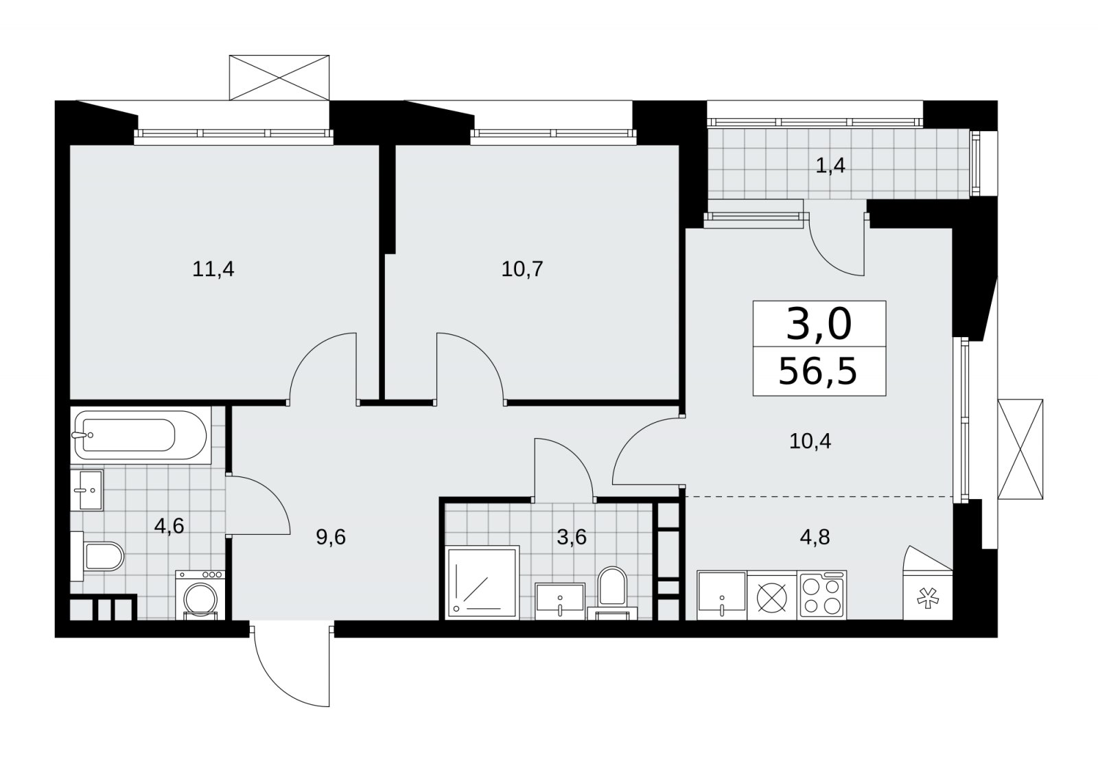 3-комнатная квартира (евро) с частичной отделкой, 56.5 м2, 4 этаж, сдача 1 квартал 2026 г., ЖК Бунинские кварталы, корпус 6.2 - объявление 2252578 - фото №1