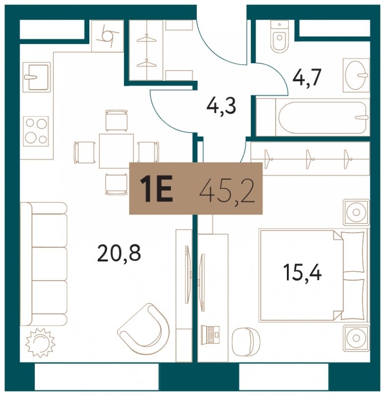 1-комнатная квартира 45.2 м2, 20 этаж, сдача 4 квартал 2022 г., ЖК Настоящее, корпус 3 - объявление 1711335 - фото №1