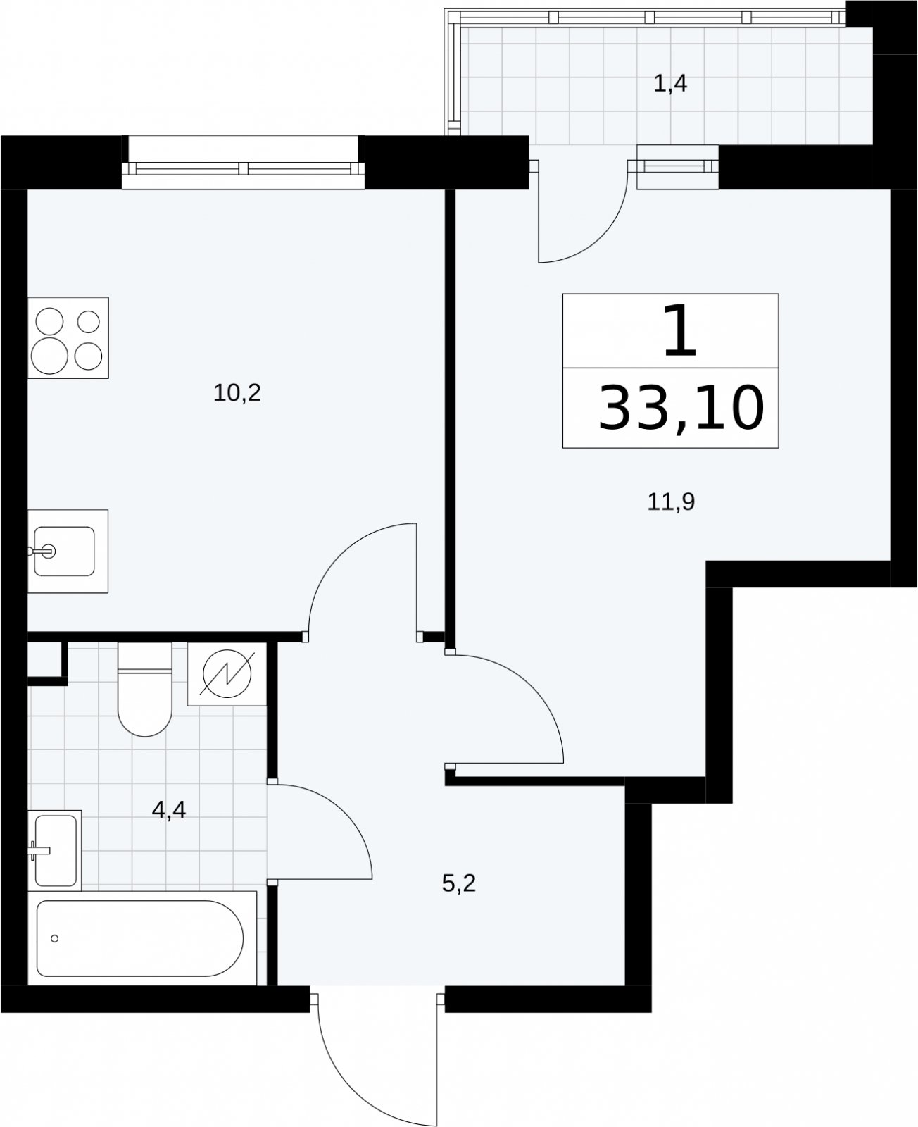 1-комнатная квартира с полной отделкой, 33.1 м2, 2 этаж, сдача 4 квартал 2026 г., ЖК Родные кварталы, корпус 1.2 - объявление 2317958 - фото №1