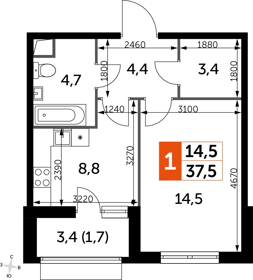 1-комнатная квартира с частичной отделкой, 37.5 м2, 2 этаж, дом сдан, ЖК UP-квартал Римский, корпус 7 - объявление 2208394 - фото №1