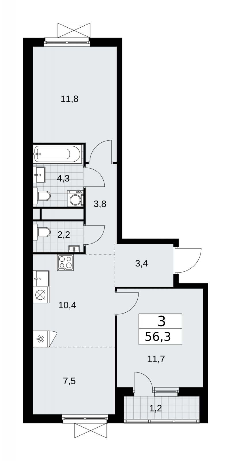 3-комнатная квартира (евро) без отделки, 56.3 м2, 15 этаж, сдача 4 квартал 2025 г., ЖК Прокшино, корпус 11.1.4 - объявление 2257698 - фото №1