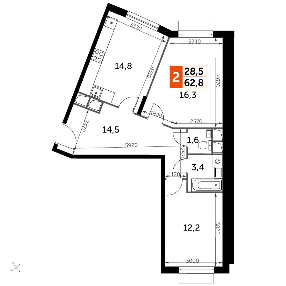 2-комнатная квартира без отделки, 62.8 м2, 3 этаж, дом сдан, ЖК UP-квартал Римский, корпус 7 - объявление 2318789 - фото №1
