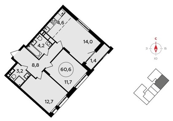 3-комнатная квартира (евро) без отделки, 60.6 м2, 14 этаж, сдача 3 квартал 2023 г., ЖК Прокшино, корпус 4.5 - объявление 1498435 - фото №1