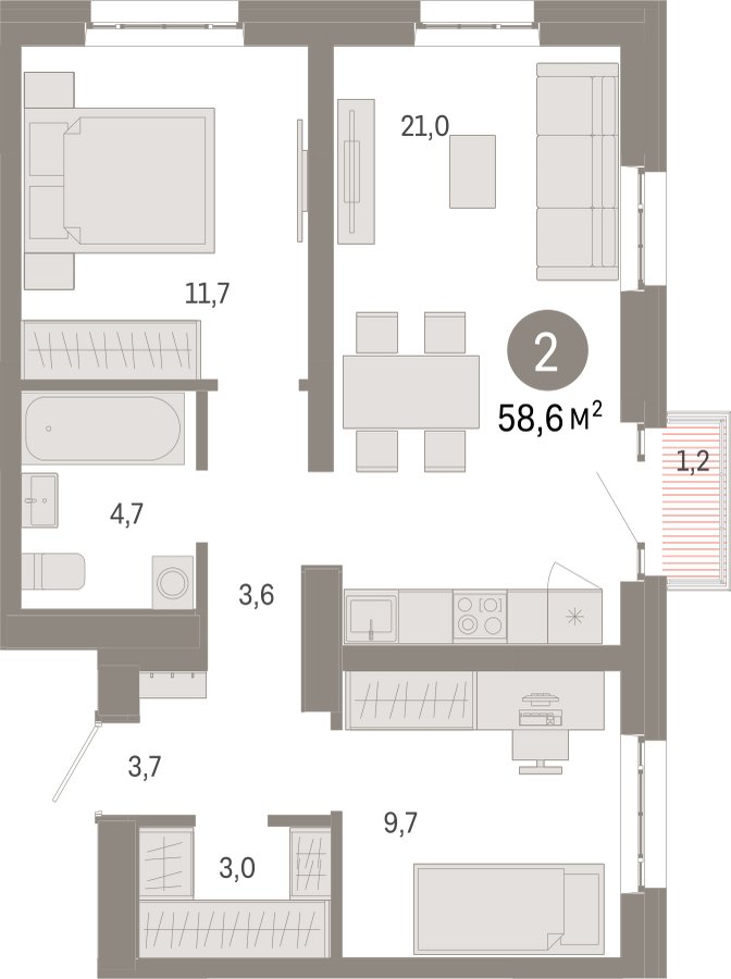 2-комнатная квартира с частичной отделкой, 58.6 м2, 14 этаж, сдача 3 квартал 2026 г., ЖК Квартал Метроном, корпус 1 - объявление 2398269 - фото №1