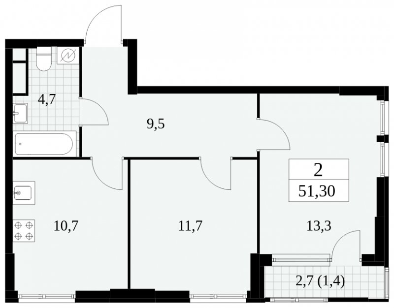 2-комнатная квартира без отделки, 51.3 м2, 5 этаж, сдача 2 квартал 2025 г., ЖК Южные сады, корпус 2.4 - объявление 1760284 - фото №1