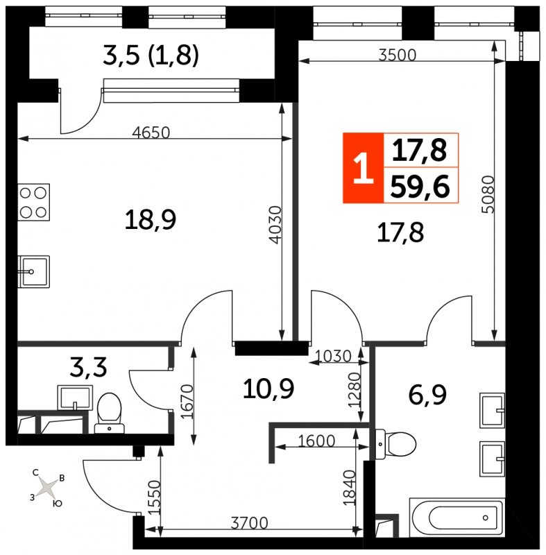1-комнатная квартира с полной отделкой, 59.6 м2, 2 этаж, сдача 3 квартал 2024 г., ЖК Sydney City, корпус 2.1 - объявление 1608164 - фото №1
