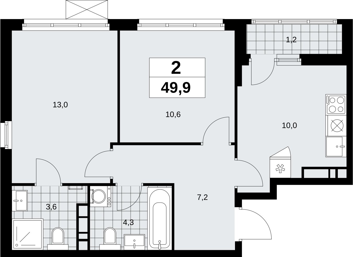 2-комнатная квартира без отделки, 49.9 м2, 9 этаж, сдача 4 квартал 2026 г., ЖК Скандинавия, корпус 2.18.2.5 - объявление 2351630 - фото №1