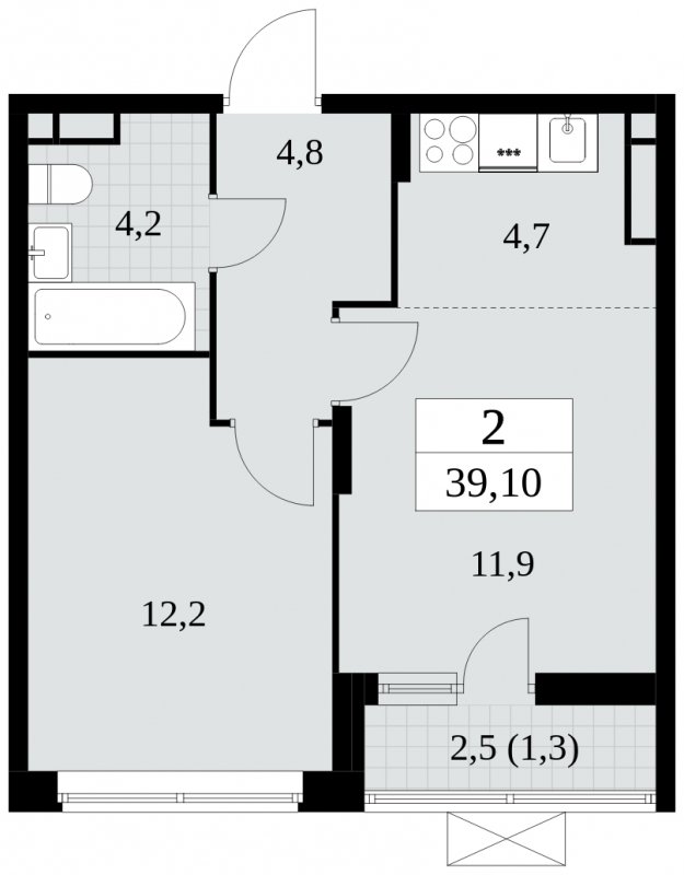 2-комнатная квартира (евро) без отделки, 39.1 м2, 8 этаж, сдача 2 квартал 2024 г., ЖК Прокшино, корпус 6.2 - объявление 1662831 - фото №1