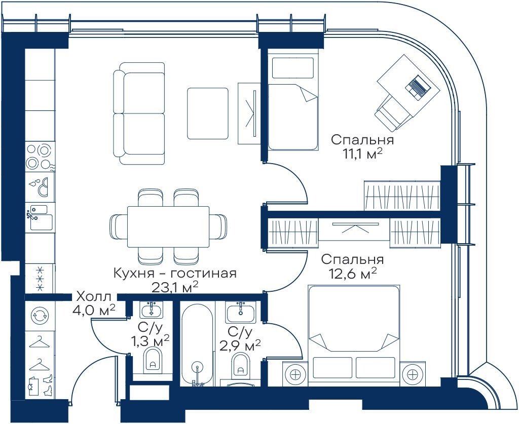 2-комнатная квартира без отделки, 55 м2, 41 этаж, сдача 3 квартал 2025 г., ЖК City Bay, корпус Atlantic Ocean 3 - объявление 2280077 - фото №1