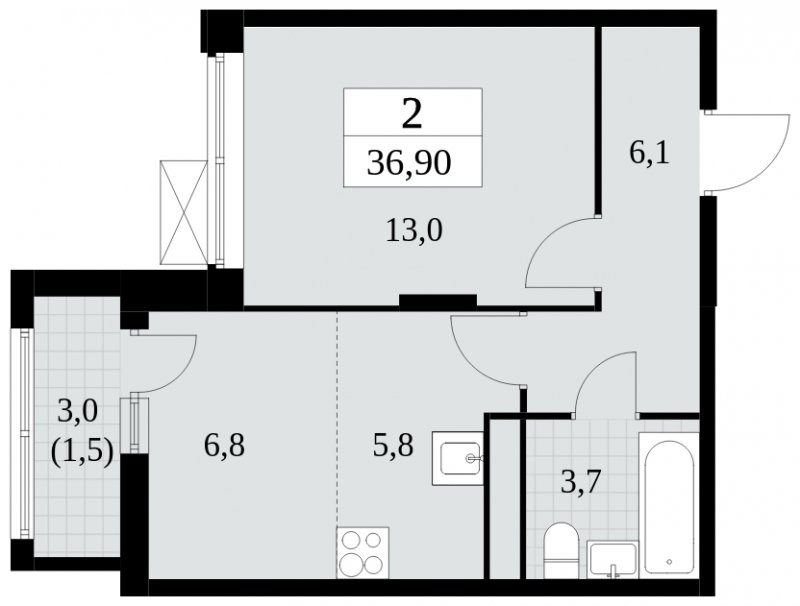 2-комнатная квартира (евро) с частичной отделкой, 36.9 м2, 10 этаж, сдача 3 квартал 2024 г., ЖК Прокшино, корпус 6.6 - объявление 1663502 - фото №1