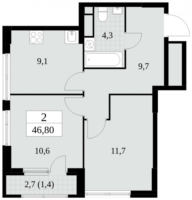 2-комнатная квартира без отделки, 46.8 м2, 15 этаж, сдача 2 квартал 2025 г., ЖК Южные сады, корпус 2.3 - объявление 1758351 - фото №1