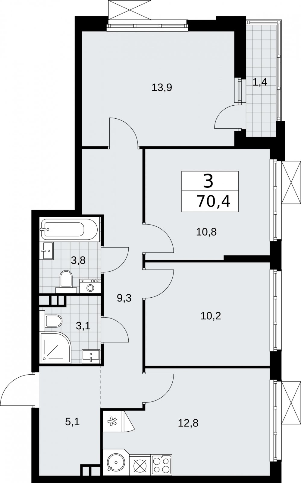 3-комнатная квартира без отделки, 70.4 м2, 3 этаж, сдача 2 квартал 2026 г., ЖК Бунинские кварталы, корпус 5.4 - объявление 2297769 - фото №1