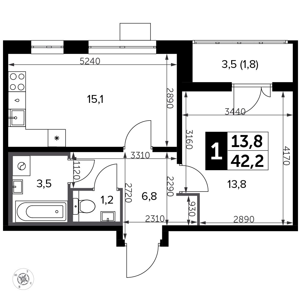 1-комнатная квартира без отделки, 43.4 м2, 10 этаж, дом сдан, ЖК Южная Битца, корпус 11 - объявление 2401720 - фото №1