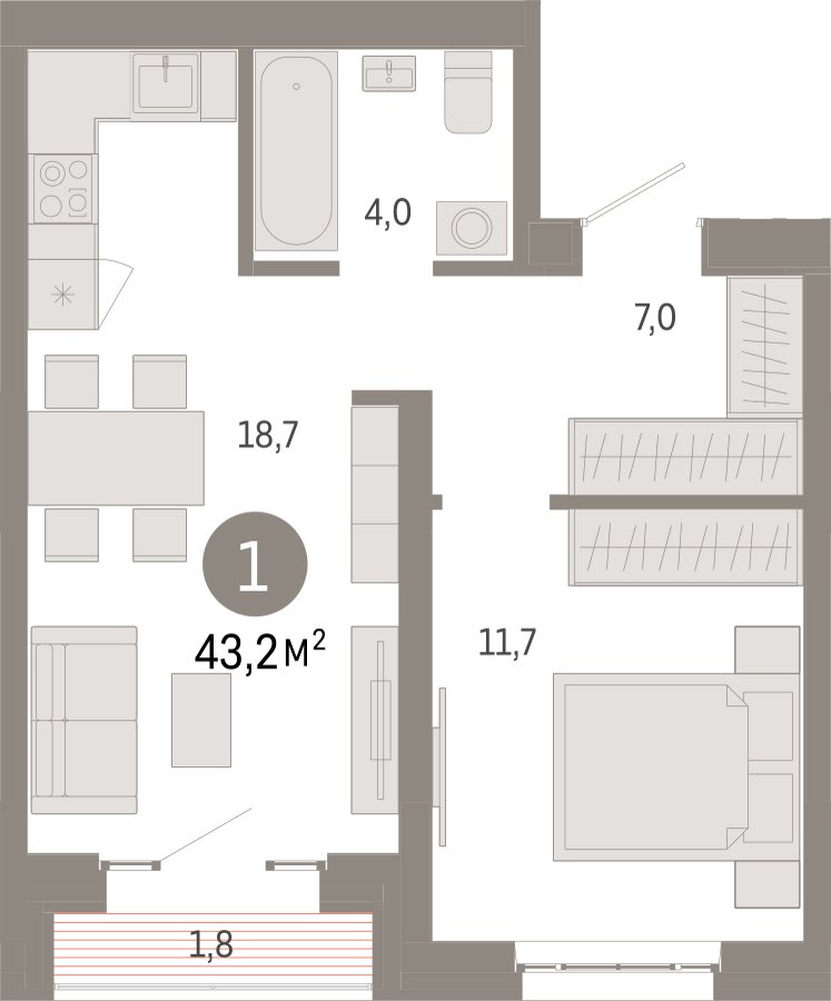 1-комнатная квартира с частичной отделкой, 43.2 м2, 10 этаж, сдача 3 квартал 2026 г., ЖК Квартал Метроном, корпус 1 - объявление 2358136 - фото №1