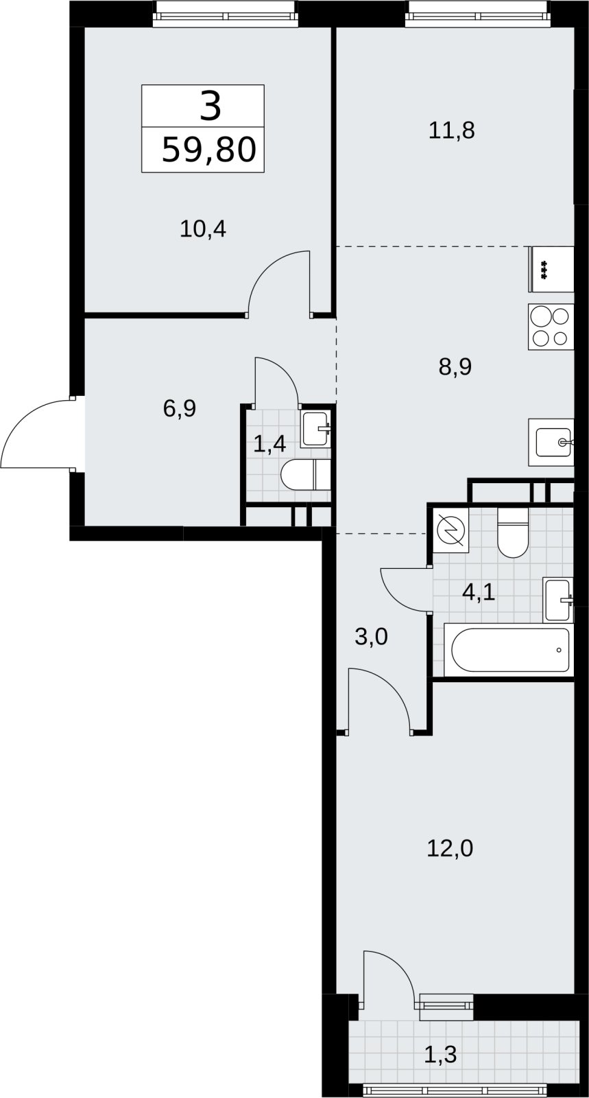 3-комнатная квартира (евро) без отделки, 59.8 м2, 7 этаж, сдача 3 квартал 2026 г., ЖК Родные кварталы, корпус 3.1 - объявление 2378289 - фото №1