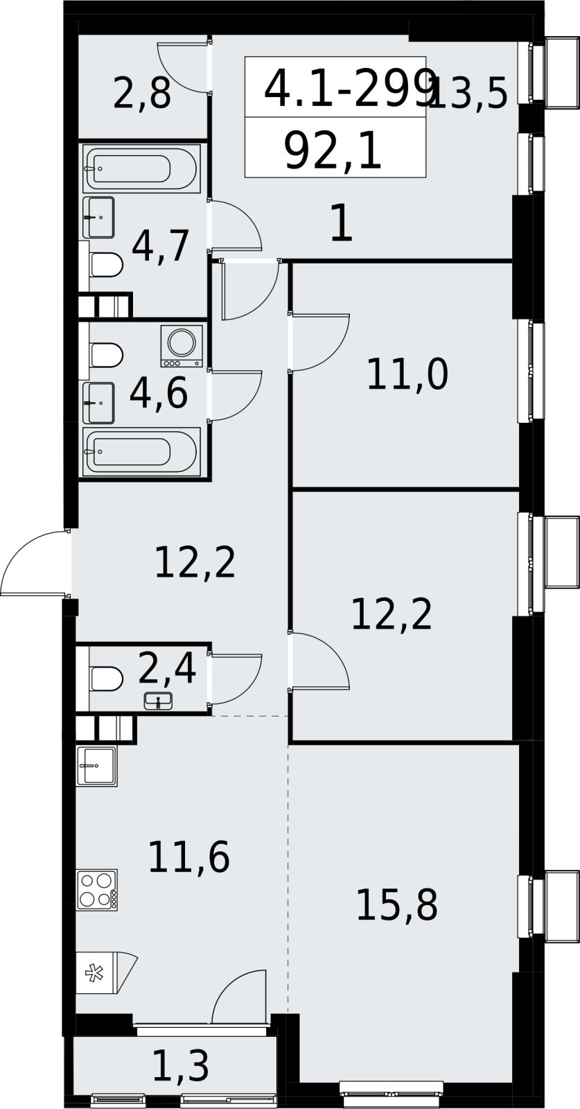 4-комнатная квартира (евро) с полной отделкой, 92.1 м2, 8 этаж, сдача 2 квартал 2027 г., ЖК Южные сады, корпус 4.1.2 - объявление 2392807 - фото №1