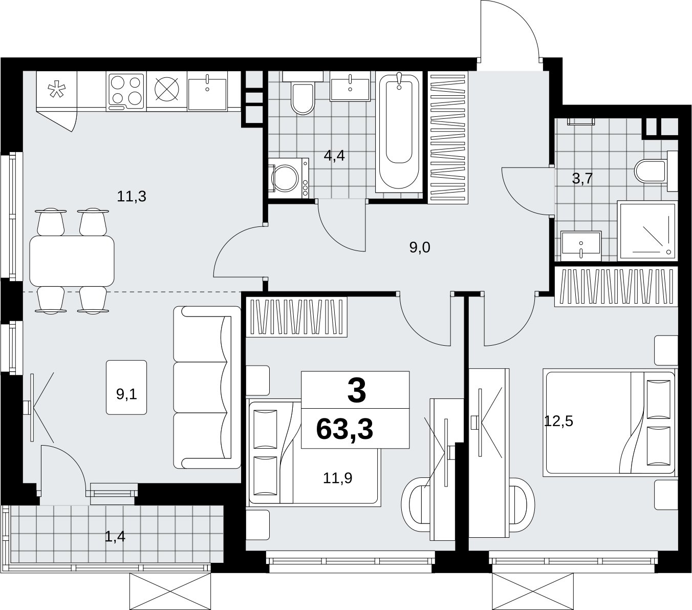 3-комнатная квартира (евро) без отделки, 63.3 м2, 3 этаж, сдача 4 квартал 2026 г., ЖК Скандинавия, корпус 2.18.2.5 - объявление 2351599 - фото №1
