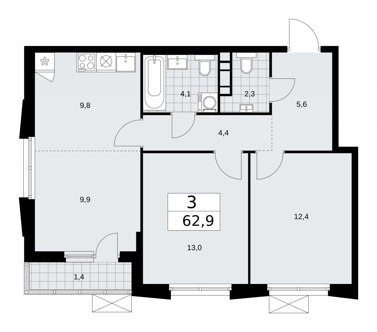 3-комнатная квартира (евро) с частичной отделкой, 62.9 м2, 14 этаж, сдача 1 квартал 2026 г., ЖК Прокшино, корпус 11.1.3 - объявление 2257425 - фото №1