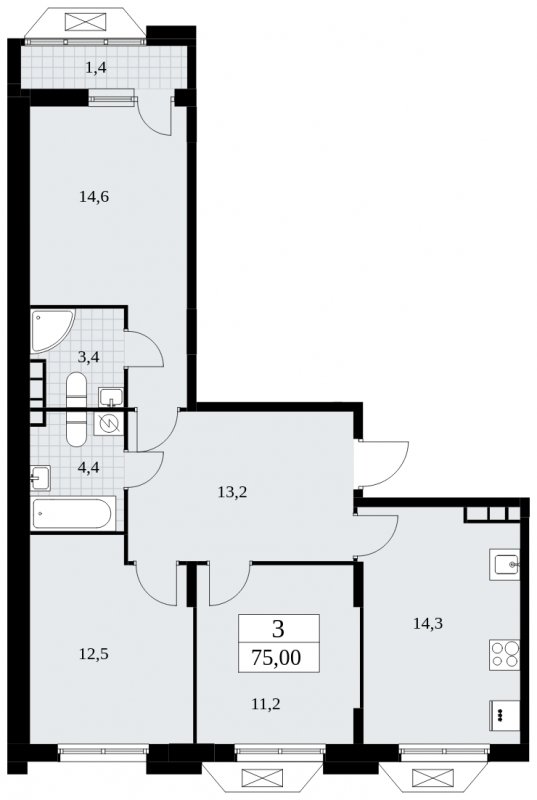 3-комнатная квартира без отделки, 75 м2, 6 этаж, сдача 4 квартал 2024 г., ЖК Бунинские кварталы, корпус 1.3 - объявление 1834790 - фото №1