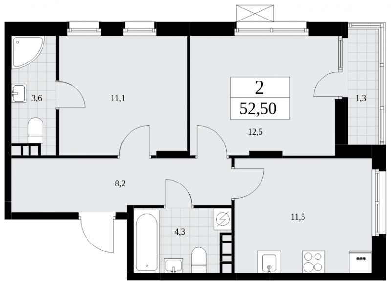 2-комнатная квартира с частичной отделкой, 52.5 м2, 4 этаж, сдача 3 квартал 2025 г., ЖК Дзен-кварталы, корпус 2.2 - объявление 1932326 - фото №1
