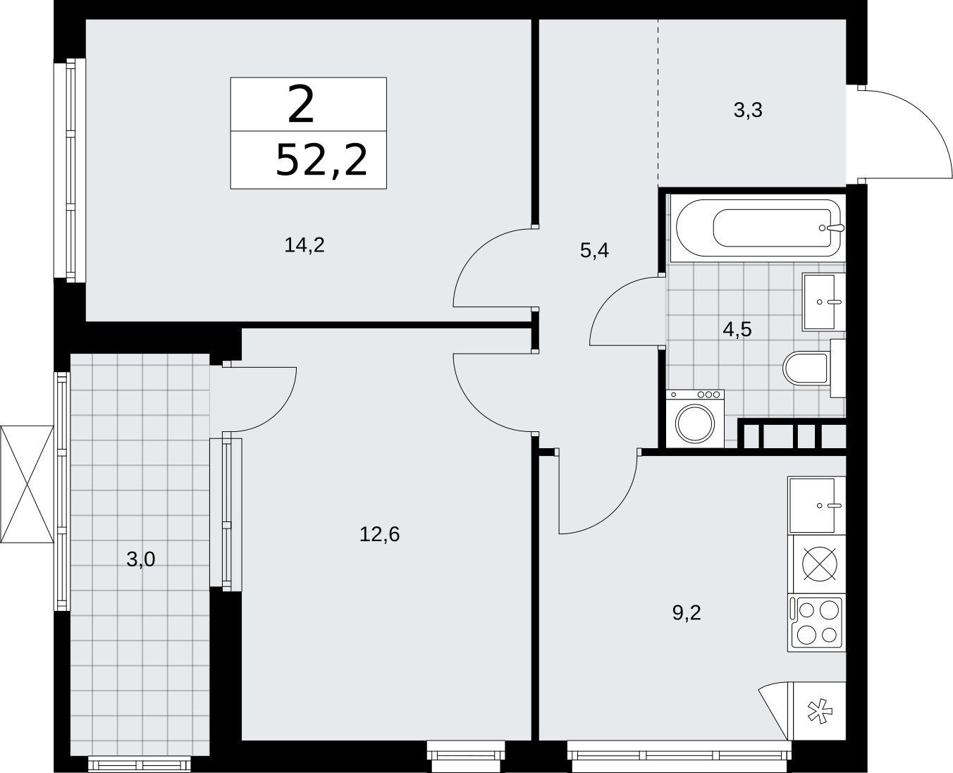 2-комнатная квартира без отделки, 52.2 м2, 8 этаж, сдача 2 квартал 2026 г., ЖК Бунинские кварталы, корпус 5.3 - объявление 2297557 - фото №1