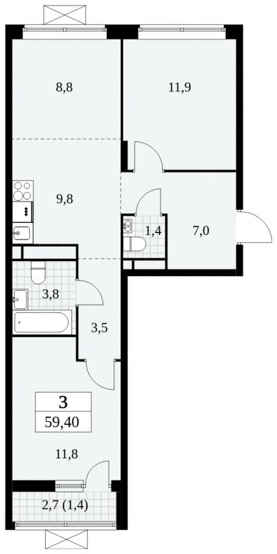 3-комнатная квартира (евро) без отделки, 59.4 м2, 14 этаж, сдача 2 квартал 2024 г., ЖК Прокшино, корпус 6.1 - объявление 1662674 - фото №1
