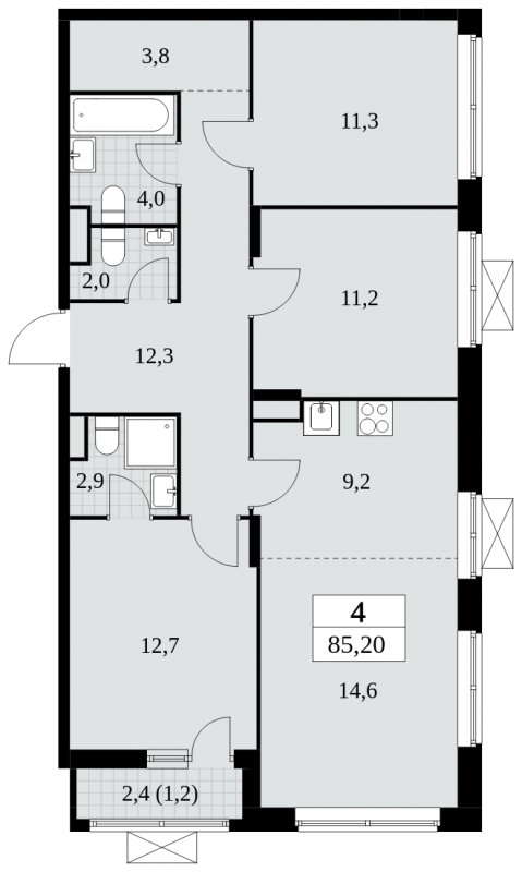 4-комнатная квартира (евро) без отделки, 85.2 м2, 5 этаж, сдача 3 квартал 2024 г., ЖК Прокшино, корпус 8.4 - объявление 1684061 - фото №1