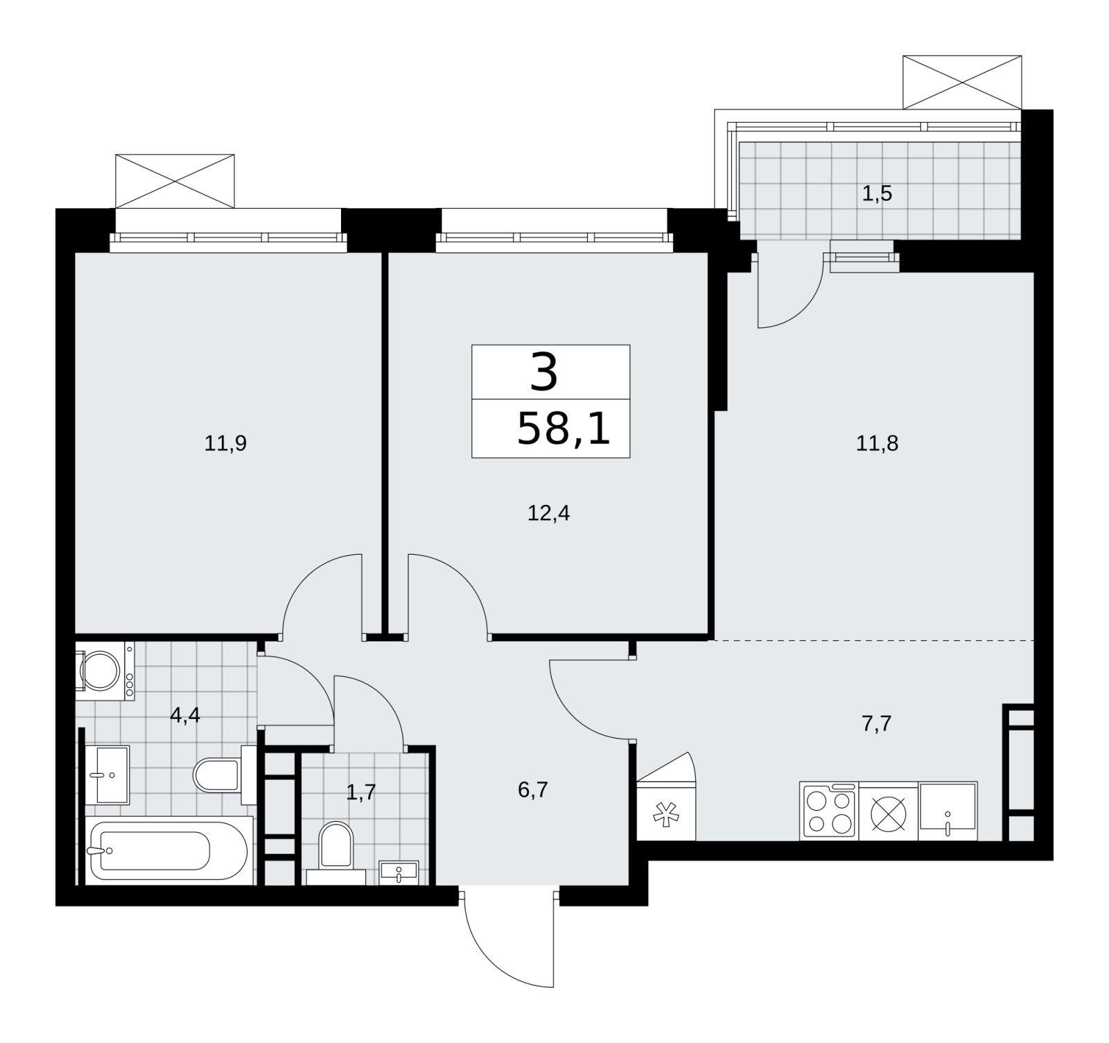 3-комнатная квартира (евро) с частичной отделкой, 58.1 м2, 11 этаж, сдача 2 квартал 2026 г., ЖК Скандинавия, корпус 25.1 - объявление 2283415 - фото №1