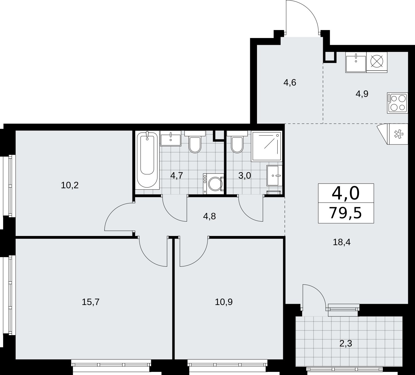 4-комнатная квартира (евро) с частичной отделкой, 79.5 м2, 2 этаж, сдача 2 квартал 2026 г., ЖК Дзен-кварталы, корпус 3.3 - объявление 2400221 - фото №1