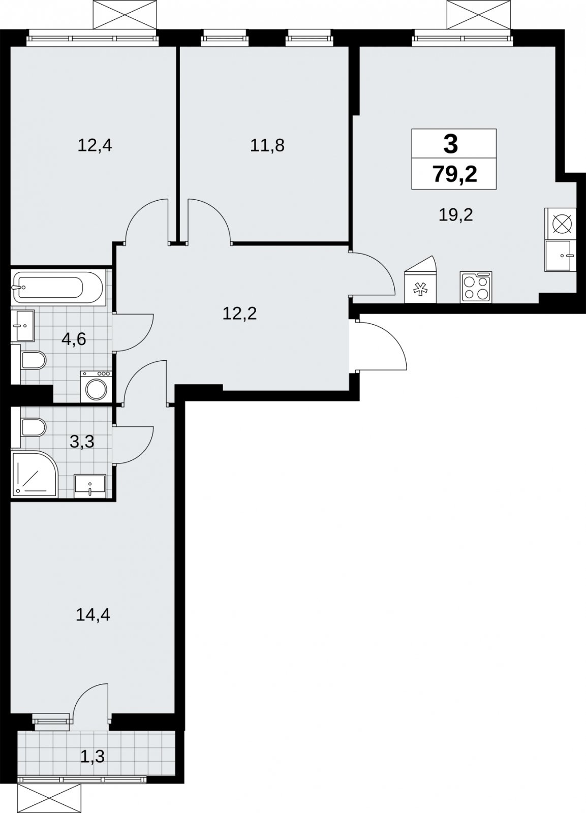 3-комнатная квартира без отделки, 79.2 м2, 5 этаж, сдача 2 квартал 2026 г., ЖК Бунинские кварталы, корпус 9.1 - объявление 2323967 - фото №1