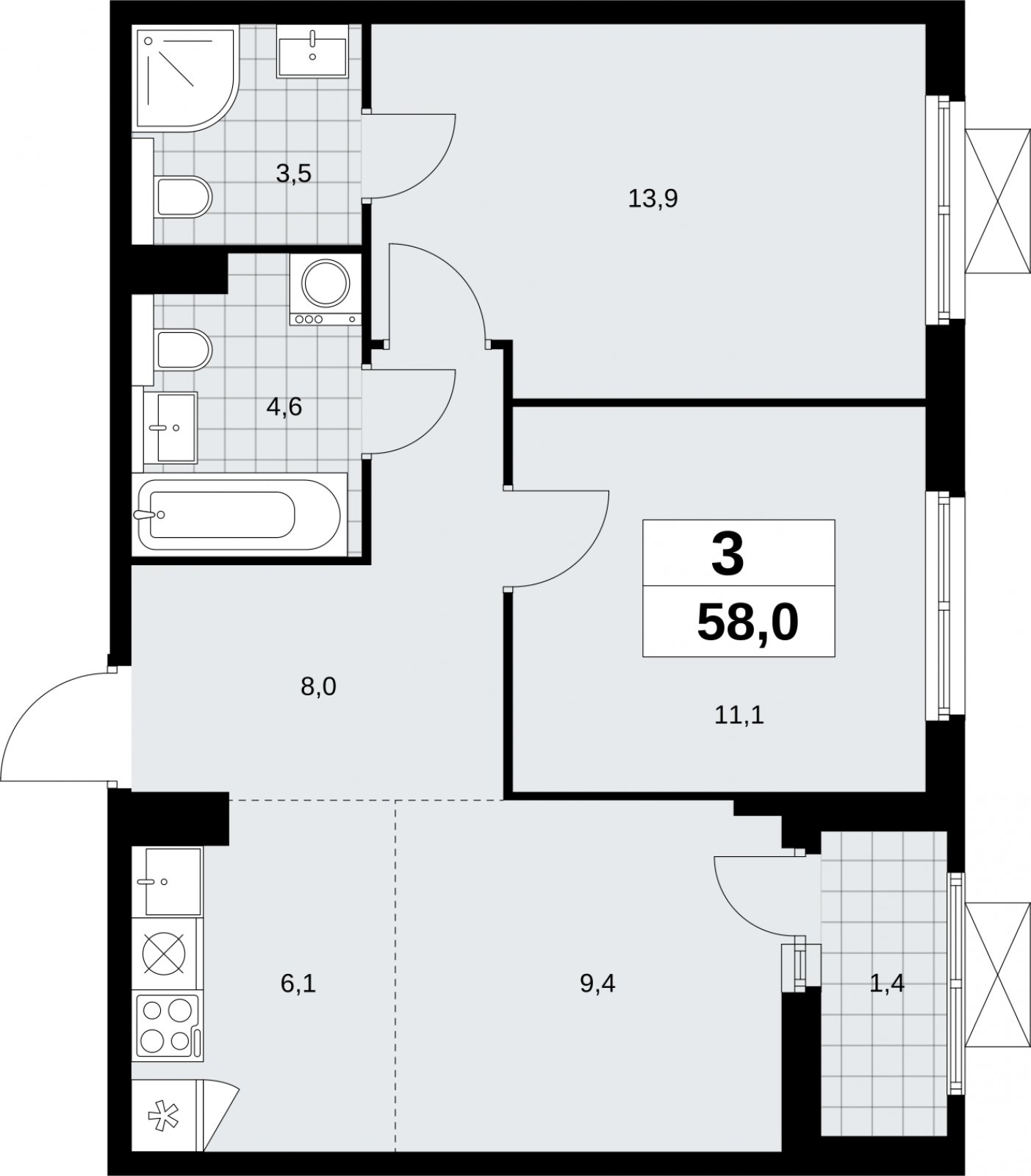 3-комнатная квартира (евро) без отделки, 58 м2, 4 этаж, сдача 2 квартал 2026 г., ЖК Бунинские кварталы, корпус 9.2 - объявление 2324205 - фото №1