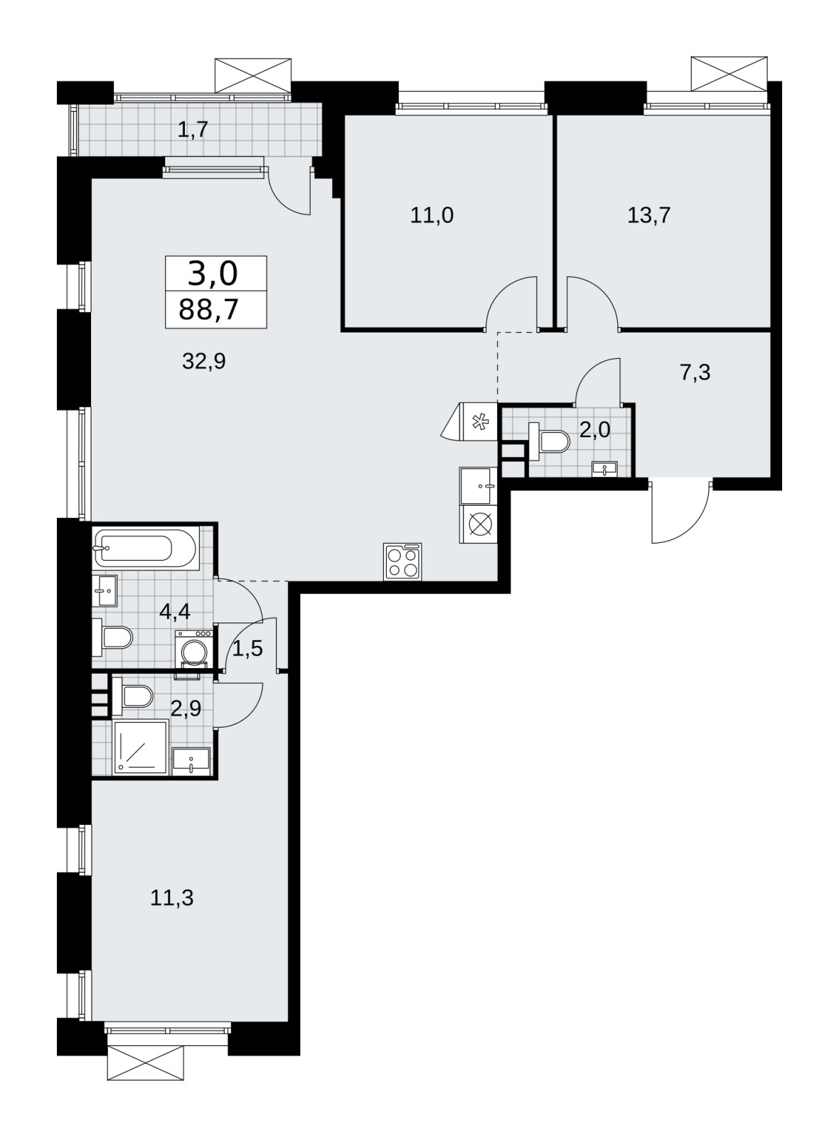 3-комнатная квартира с частичной отделкой, 88.7 м2, 3 этаж, сдача 1 квартал 2026 г., ЖК Бунинские кварталы, корпус 6.3 - объявление 2252616 - фото №1