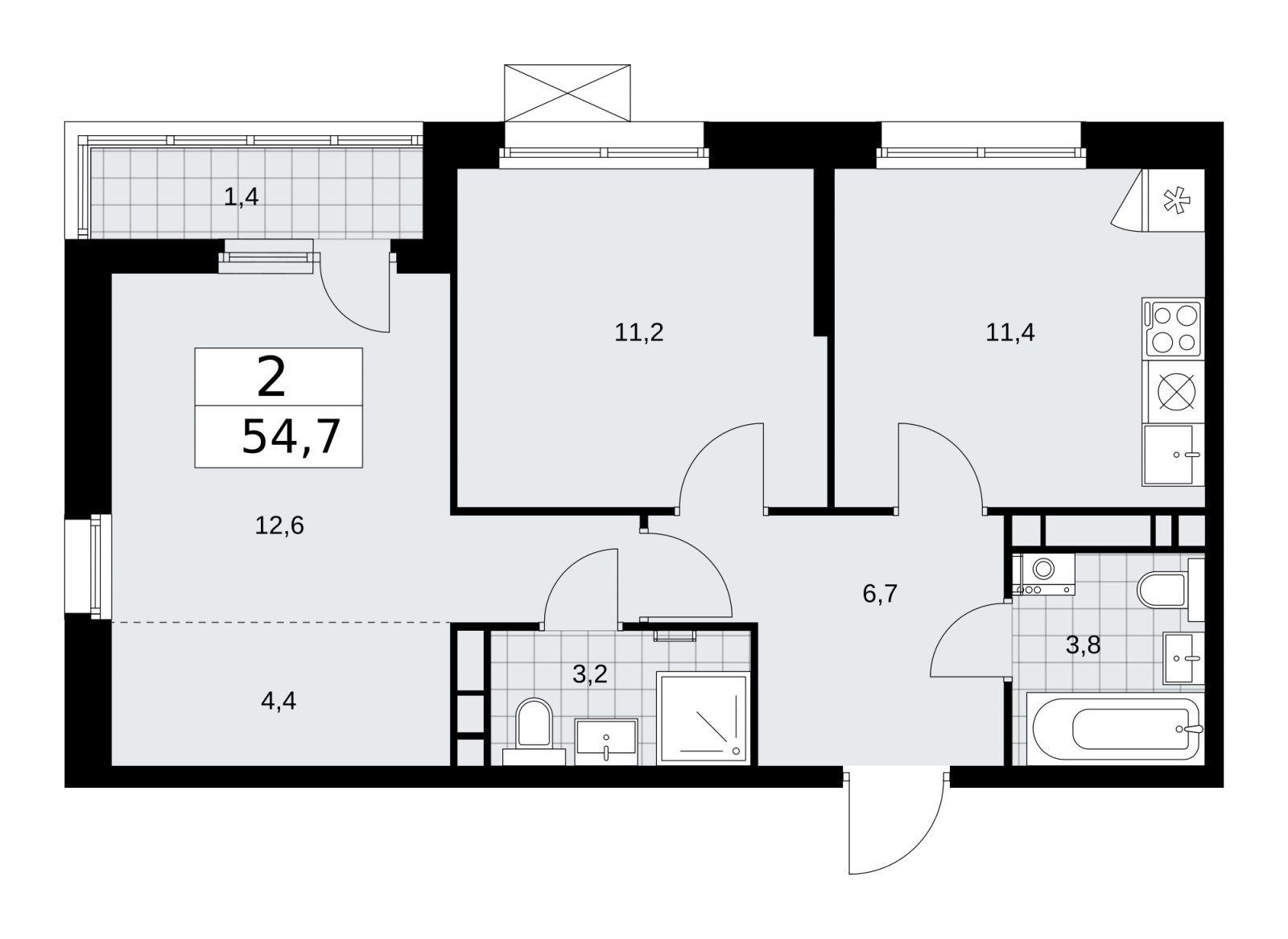 2-комнатная квартира без отделки, 54.7 м2, 11 этаж, сдача 2 квартал 2026 г., ЖК Скандинавия, корпус 25.4 - объявление 2284072 - фото №1