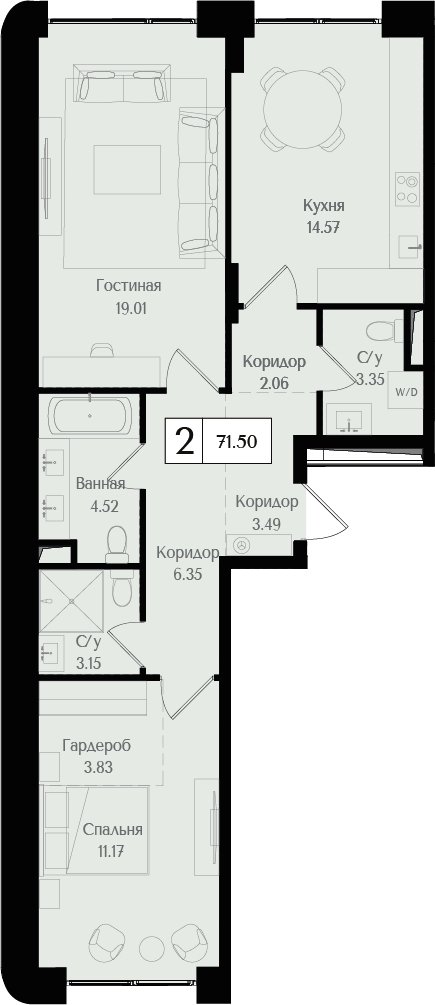 2-комнатная квартира без отделки, 69.83 м2, 2 этаж, сдача 3 квартал 2024 г., ЖК Преображенская площадь, корпус 2 - объявление 2266225 - фото №1