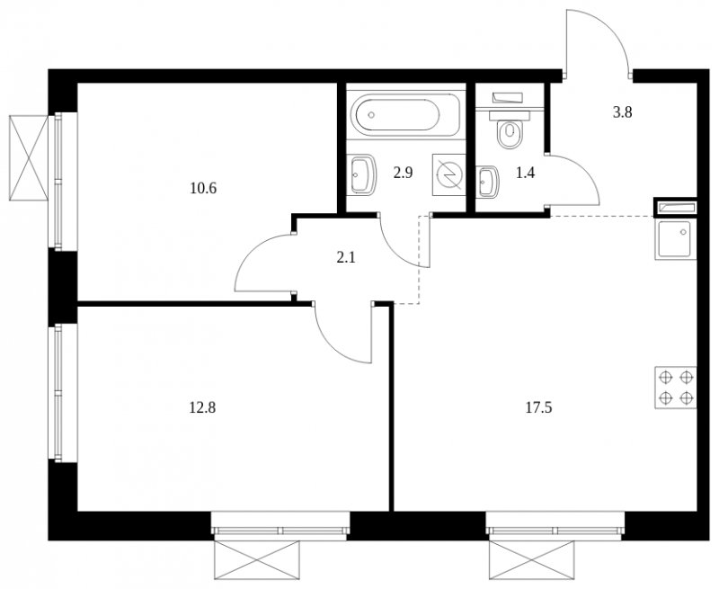 2-комнатная квартира с полной отделкой, 51.1 м2, 5 этаж, сдача 2 квартал 2024 г., ЖК Бунинские луга, корпус 3.7.1 - объявление 1716205 - фото №1