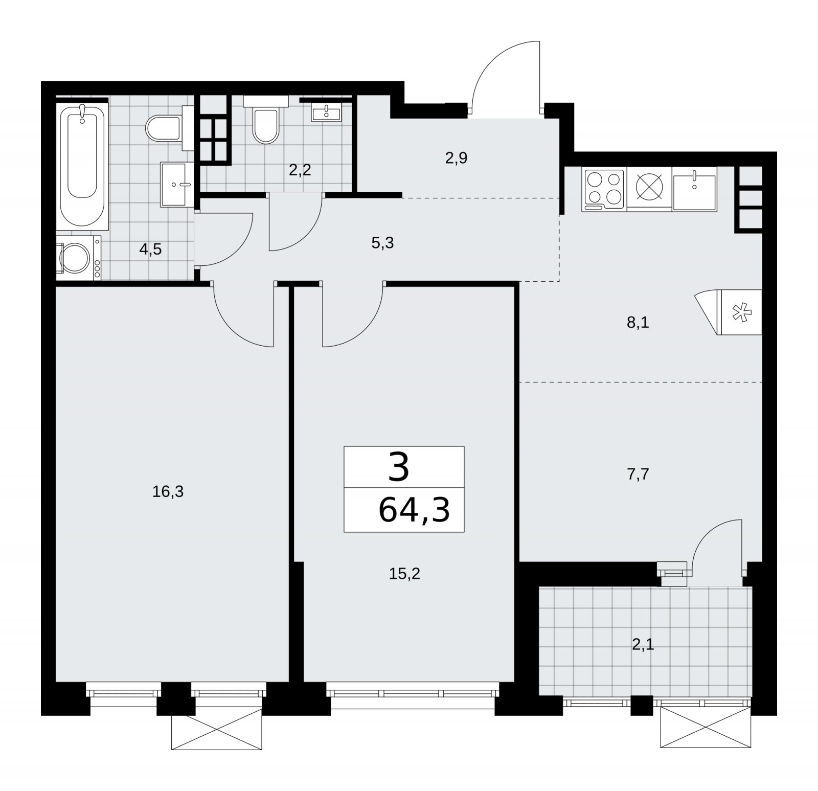 3-комнатная квартира (евро) без отделки, 64.3 м2, 4 этаж, сдача 2 квартал 2026 г., ЖК Скандинавия, корпус 25.6 - объявление 2284256 - фото №1