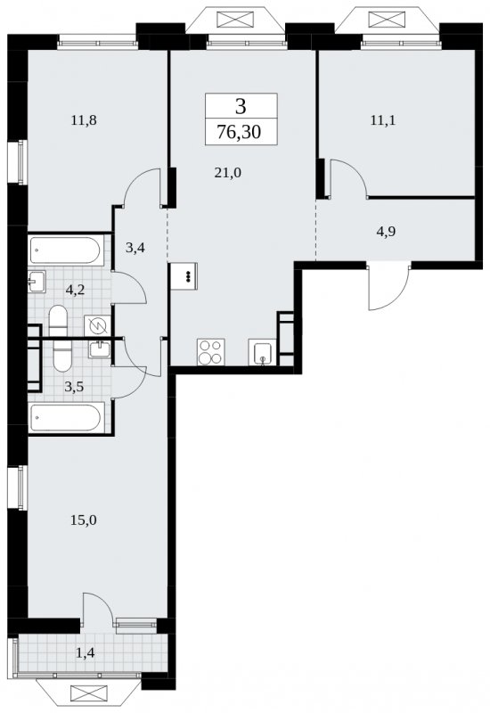 3-комнатная квартира с частичной отделкой, 76.3 м2, 11 этаж, сдача 4 квартал 2024 г., ЖК Бунинские кварталы, корпус 1.2 - объявление 1834367 - фото №1
