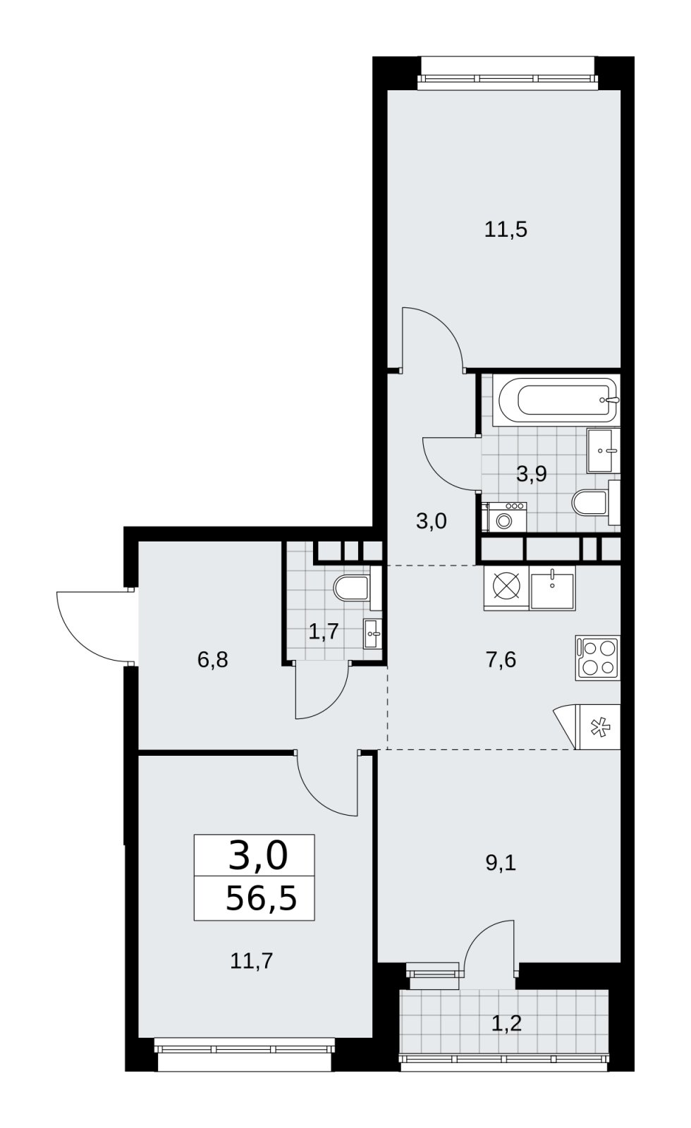 3-комнатная квартира (евро) без отделки, 56.5 м2, 8 этаж, сдача 1 квартал 2026 г., ЖК Дзен-кварталы, корпус 3.2 - объявление 2241516 - фото №1