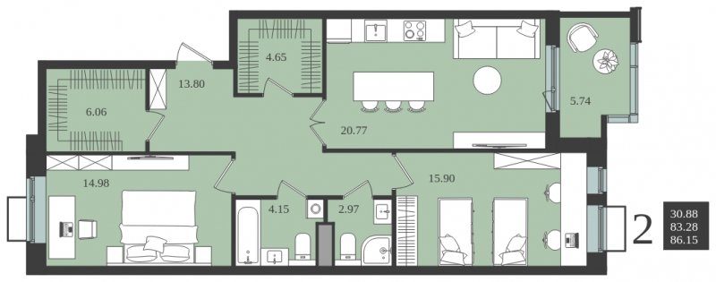 2-комнатная квартира без отделки, 86.15 м2, 4 этаж, сдача 1 квартал 2024 г., ЖК Мишино-2, корпус 7 - объявление 1812194 - фото №1
