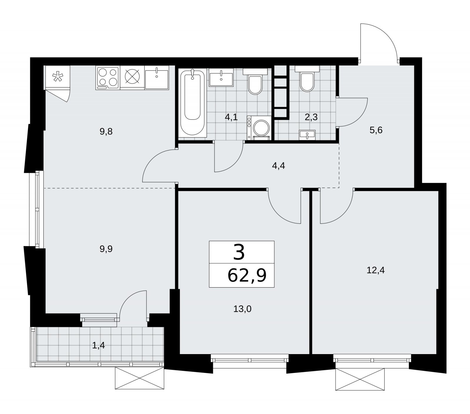 3-комнатная квартира (евро) с частичной отделкой, 62.9 м2, 14 этаж, сдача 1 квартал 2026 г., ЖК Прокшино, корпус 11.1.2 - объявление 2257317 - фото №1