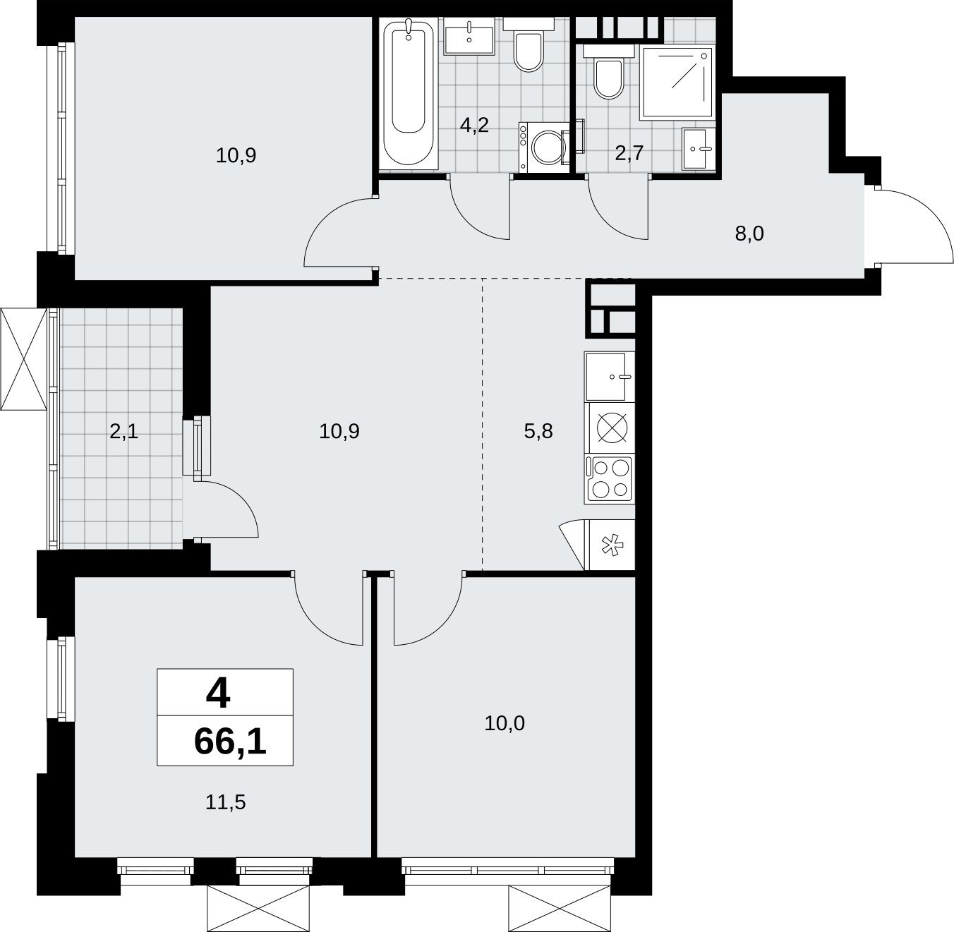 4-комнатная квартира (евро) без отделки, 66.1 м2, 11 этаж, сдача 4 квартал 2026 г., ЖК Скандинавия, корпус 2.18.1.3 - объявление 2350839 - фото №1