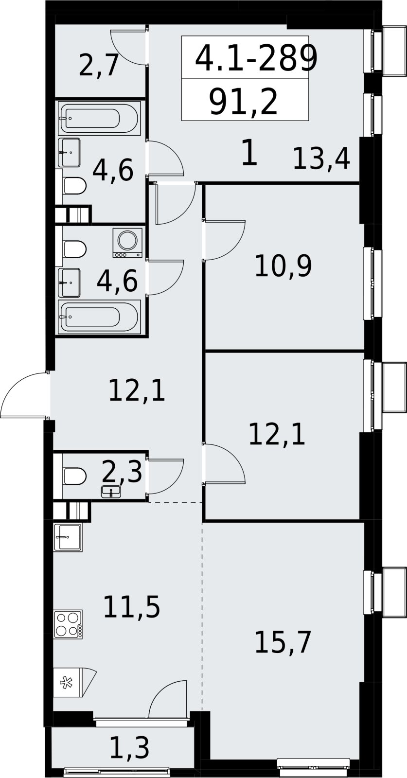 4-комнатная квартира (евро) с полной отделкой, 91.2 м2, 6 этаж, сдача 2 квартал 2027 г., ЖК Южные сады, корпус 4.1.2 - объявление 2392797 - фото №1