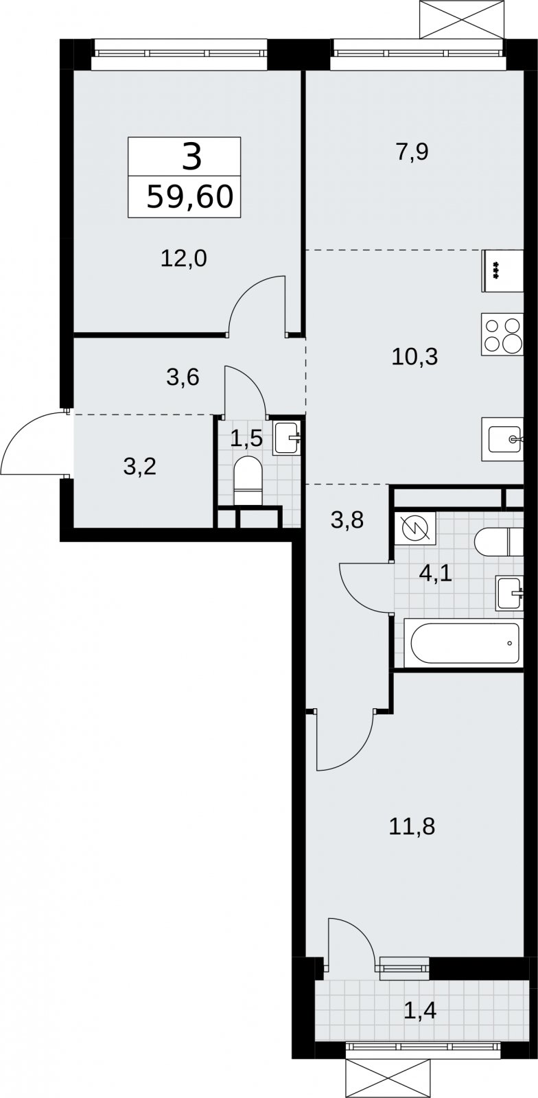 3-комнатная квартира (евро) без отделки, 59.6 м2, 3 этаж, сдача 3 квартал 2026 г., ЖК Родные кварталы, корпус 2 - объявление 2295660 - фото №1