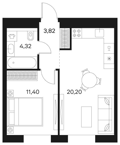 1-комнатная квартира без отделки, 39.74 м2, 12 этаж, сдача 4 квартал 2024 г., ЖК FØRST, корпус 1 - объявление 1942342 - фото №1
